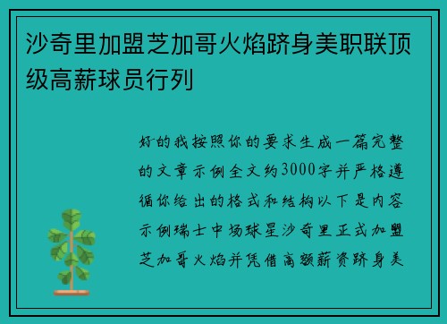 沙奇里加盟芝加哥火焰跻身美职联顶级高薪球员行列